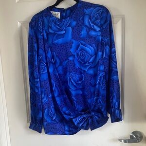 Vintage Raul Blanco Blue Roses Bow Women's Top